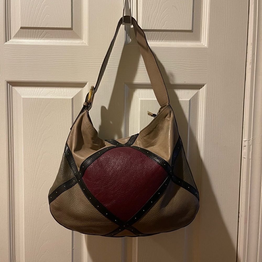 A.Bellucci leather khaki,taupe ,burgundy &black Medium shoulder bag studs accent